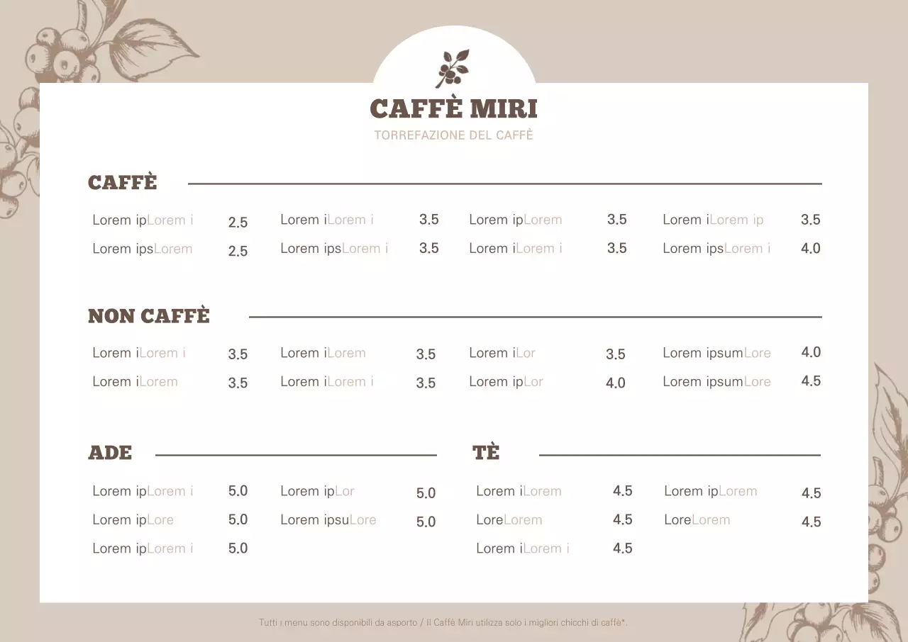 Marrone botanico illustrazione caffè menu poster orizzontale