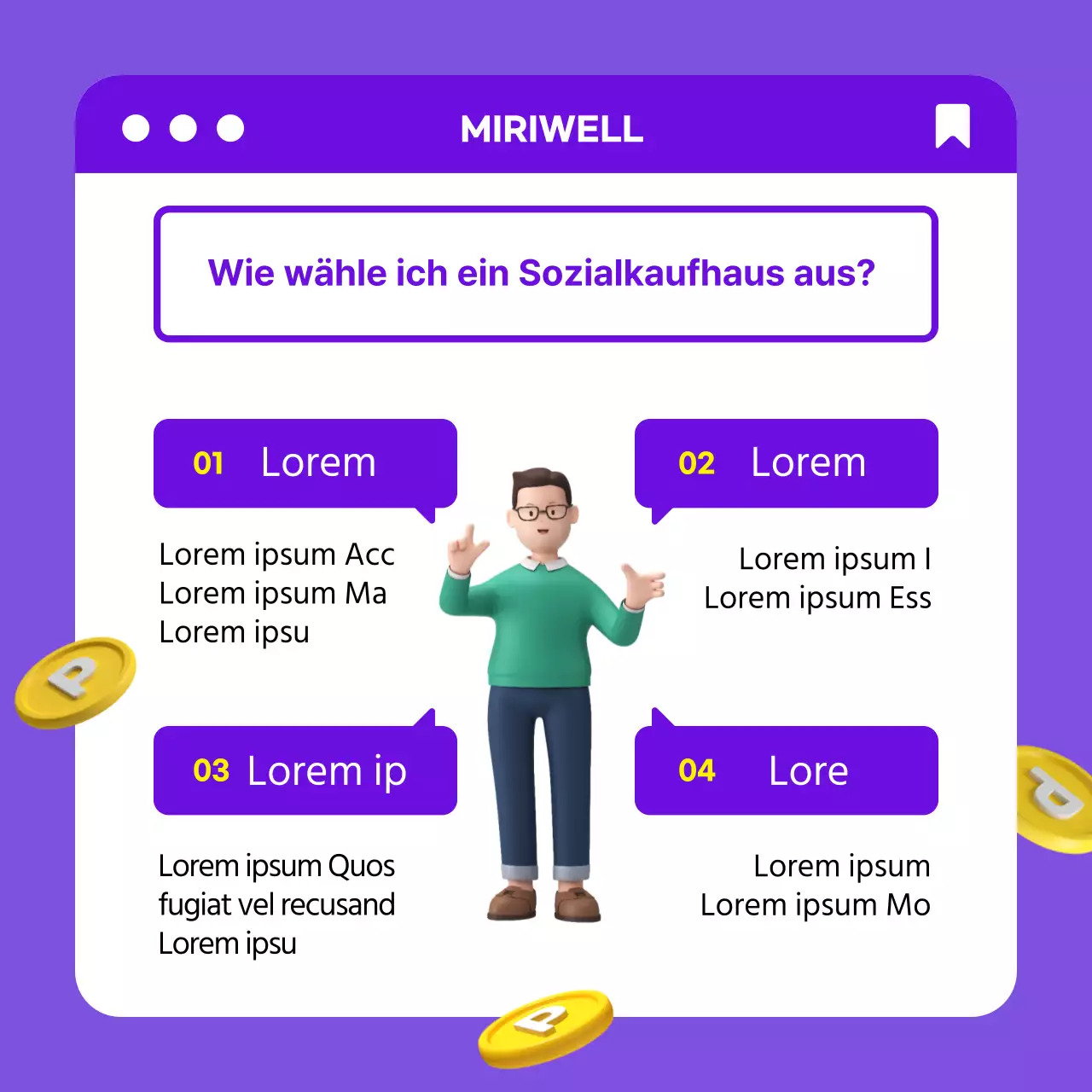 Ordentliches Corporate-Welfare-Einkaufszentrum Effekt mit lila-gelben 3D-Konzept CardNews