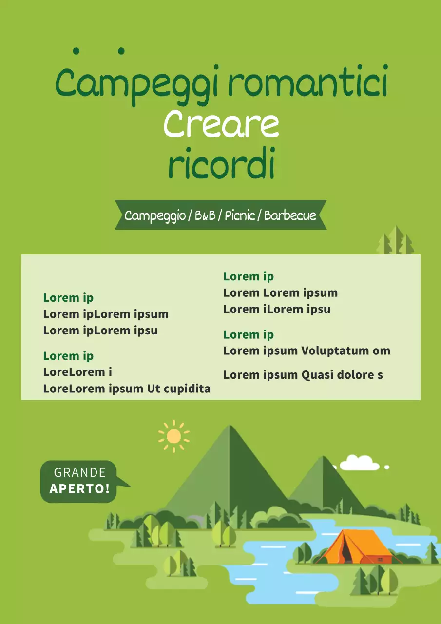 Promuovere l'apertura di un campeggio pulito con illustrazioni di tende e natura verde