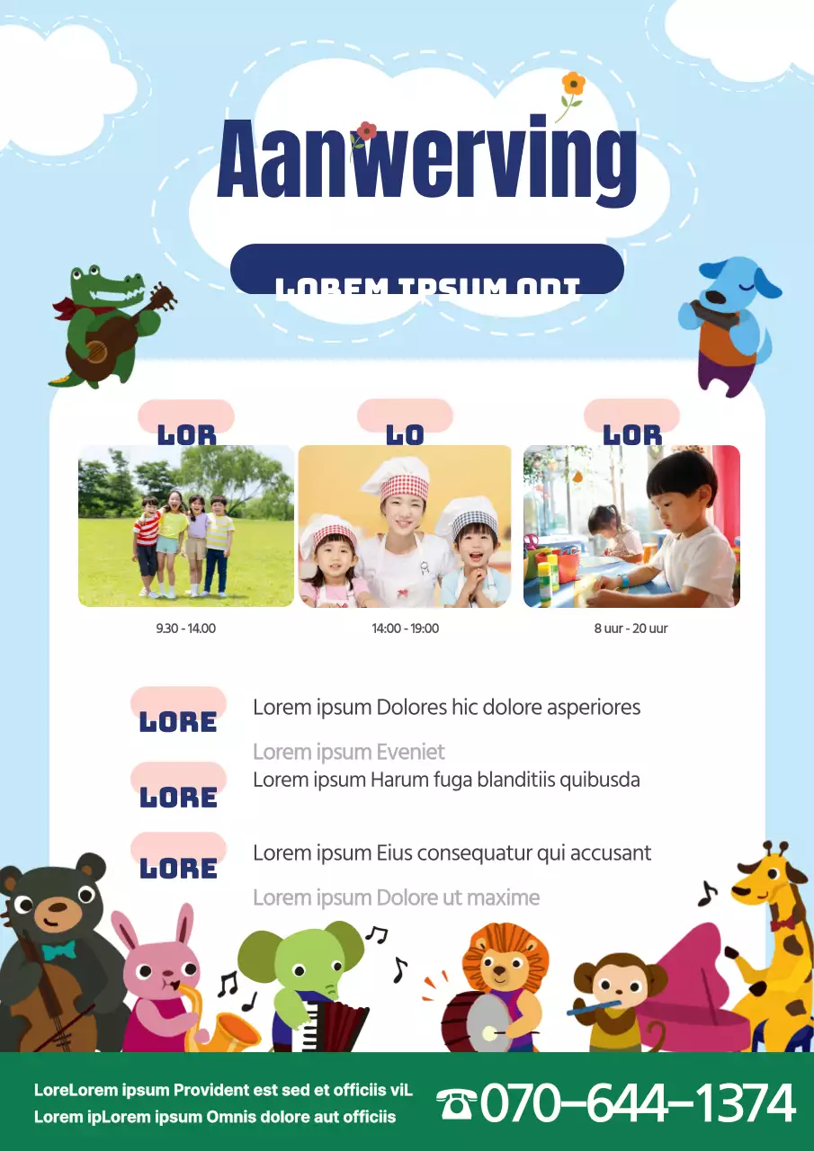 Schattige wervingspromotie voor kleuterscholen met illustraties van dieren die muziekinstrumenten spelen in blauw.