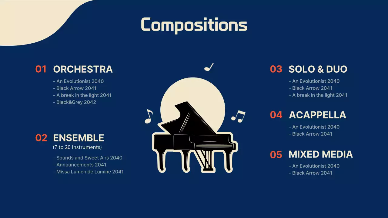 Piano-themed composer portfolio in navy