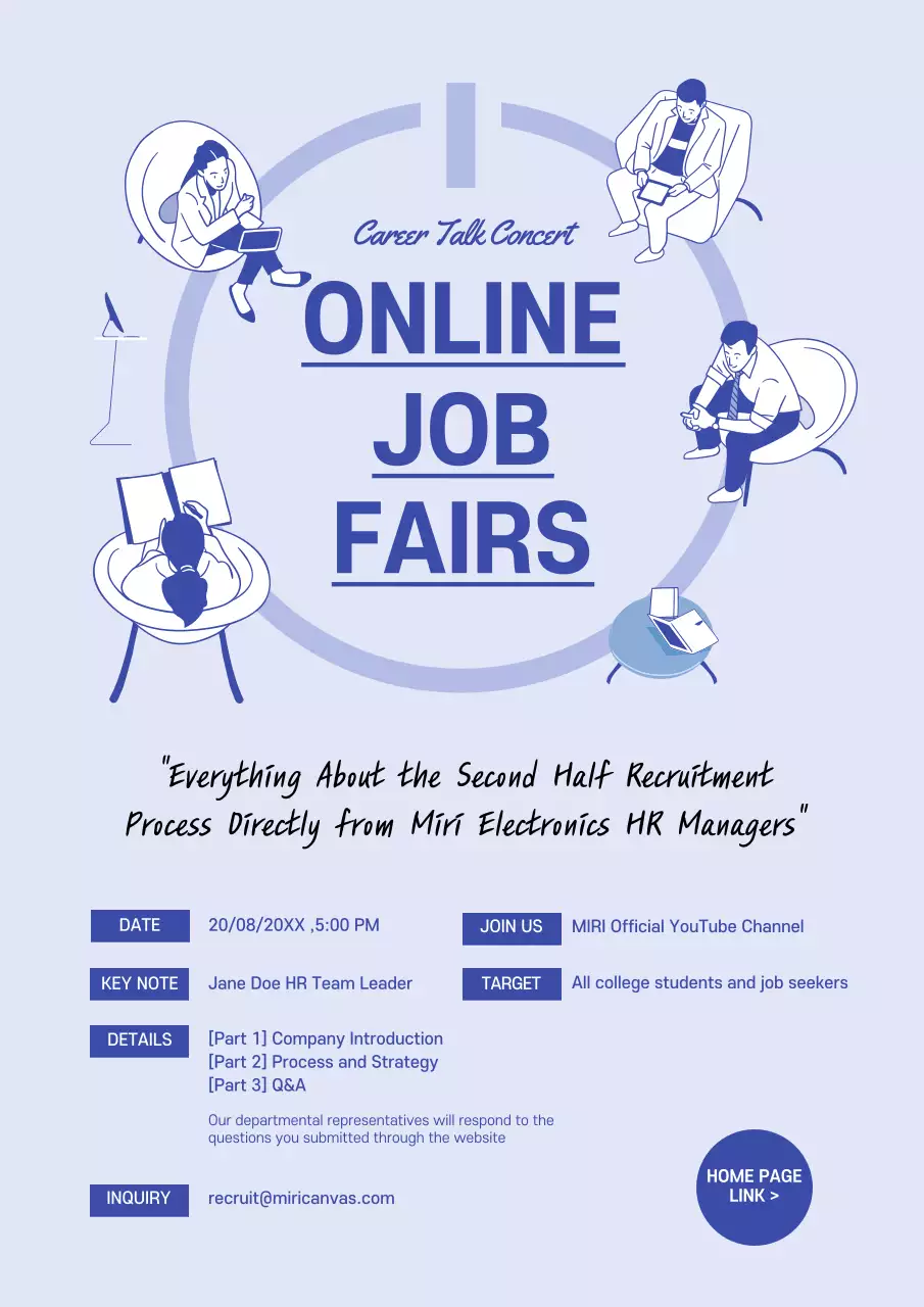 Simple corporate online recruitment seminar flyer in blue.