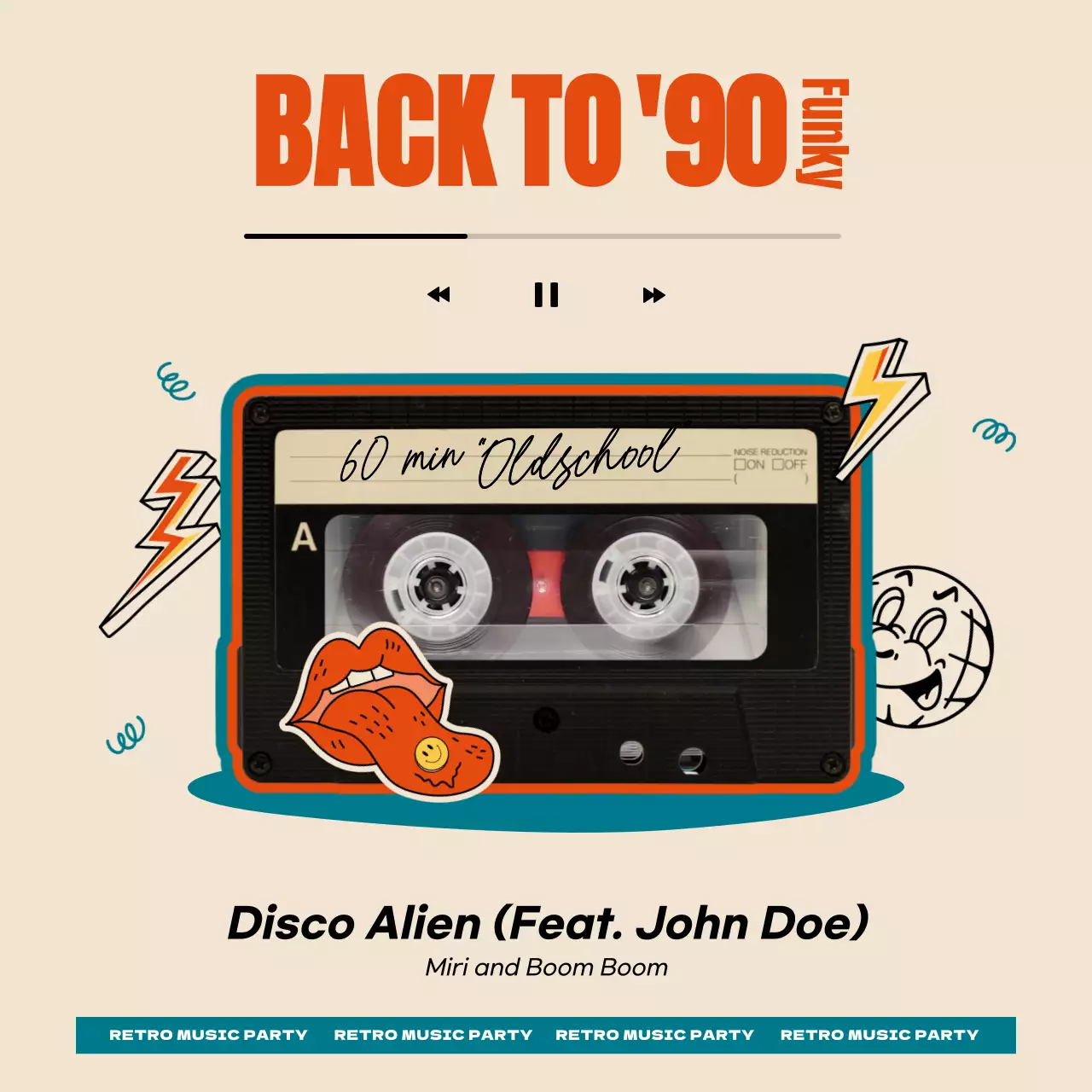 빨간색 청록색 키치하고 펑키한 스티커와 카세트테이프 조합 90년대 음악 스트리밍 테마