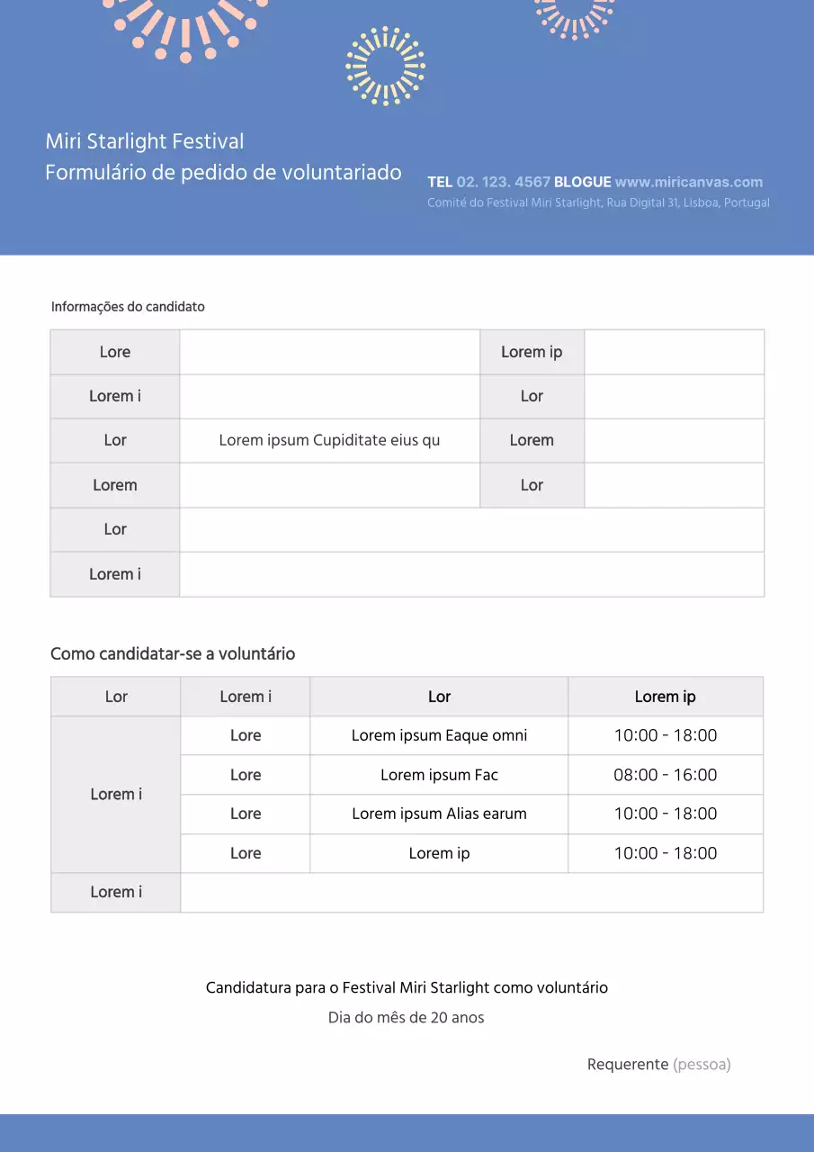 Modelo simples de formulário de candidatura a voluntário do festival bluetone
