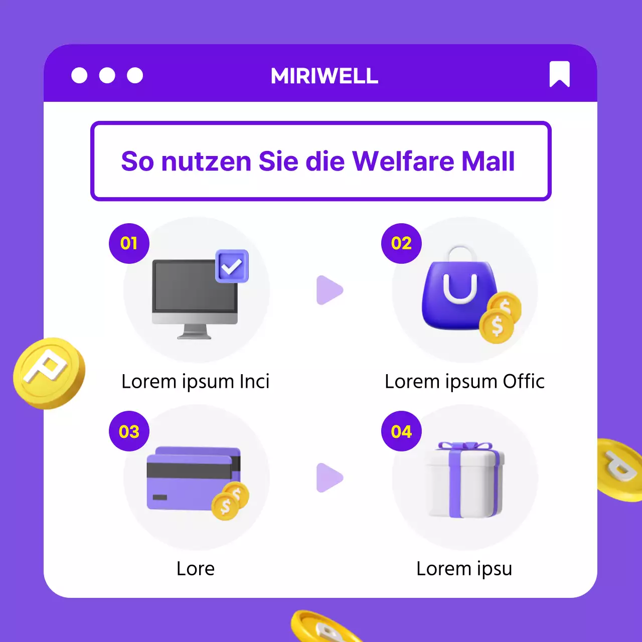 Ordentliches Corporate-Welfare-Einkaufszentrum Effekt mit lila-gelben 3D-Konzept CardNews