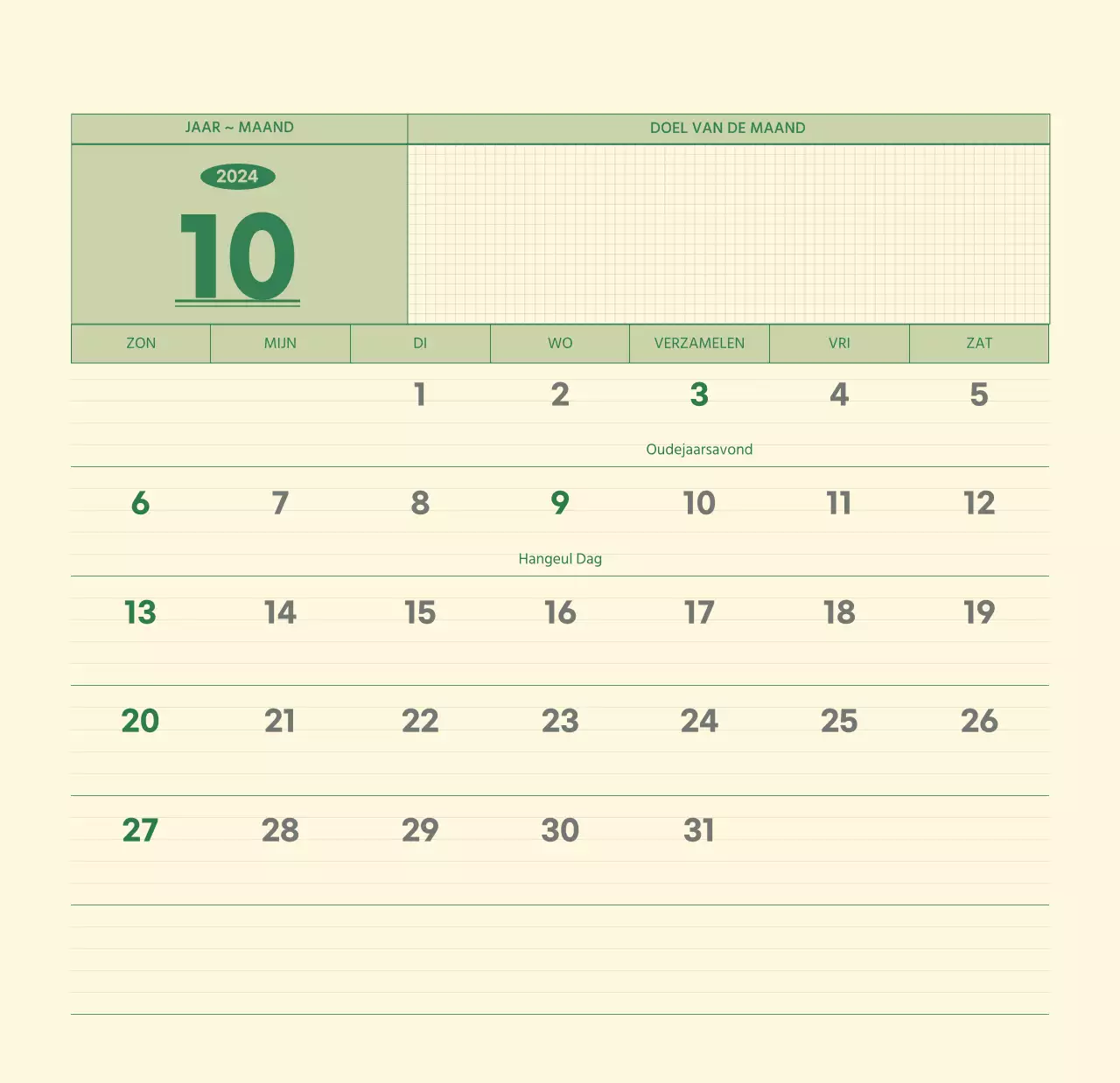 SAT D-day notitieblok concept wandkalender in groen en lichtgeel