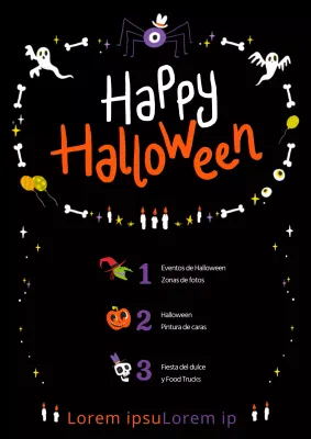 Promociona una fiesta en un café con una ilustración negra de decoración de Halloween