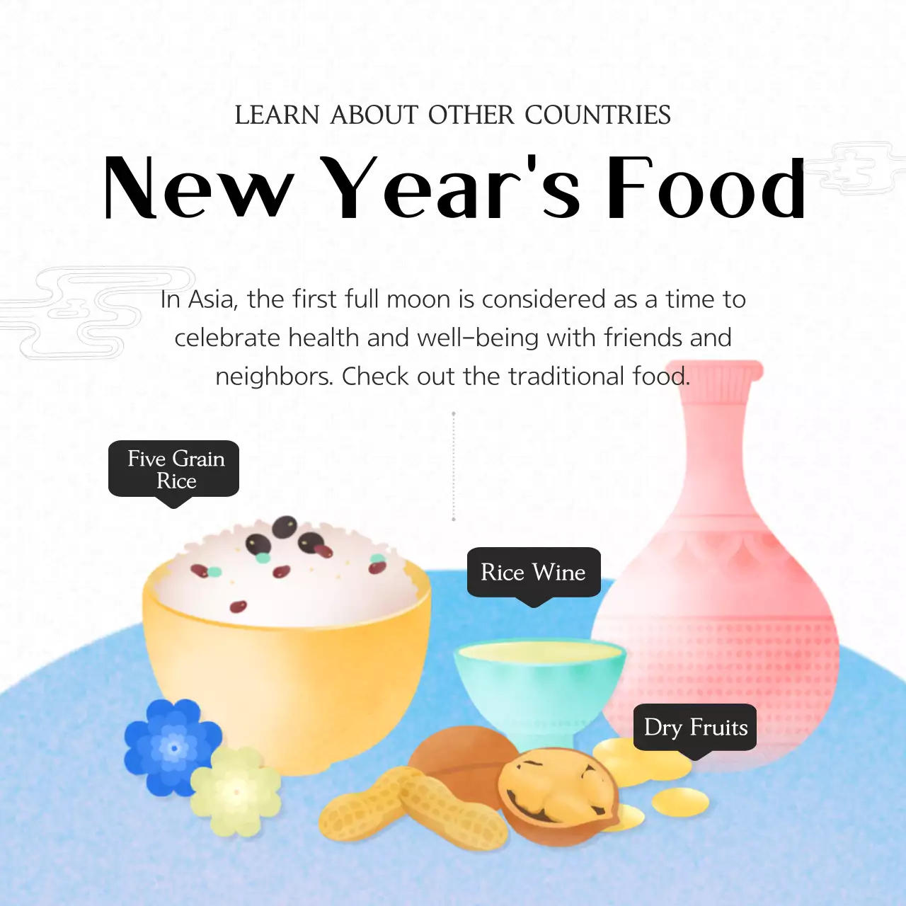 A clean, simple, and warm traditional illustration of the Korean holiday Chungmun Daebyeol with a white and black monotone.