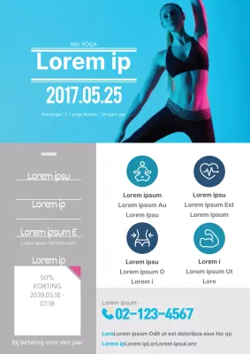Eenvoudige flyer voor yogales in blauw en grijs