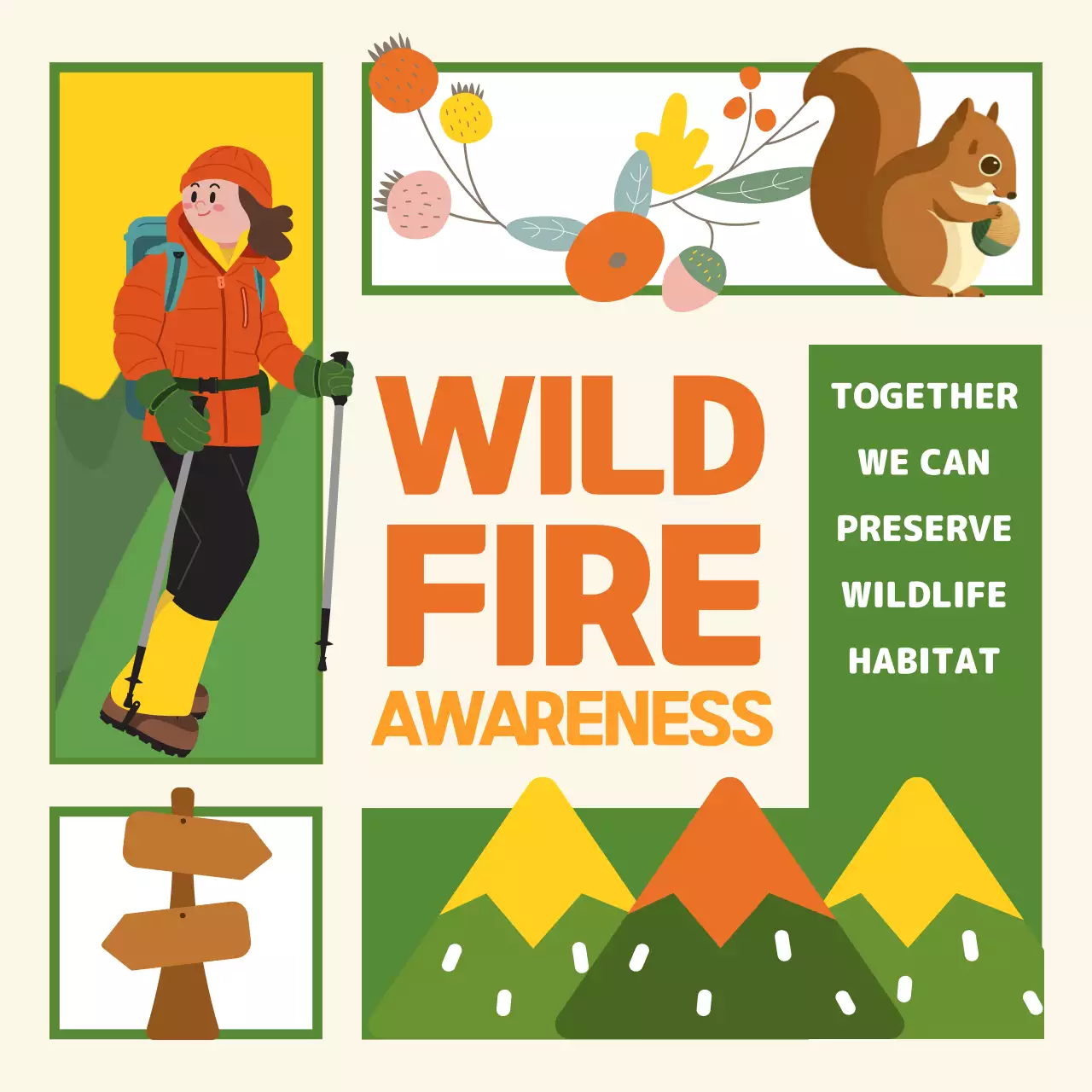 Wildfire prevention campaign with cute green and yellow illustrations