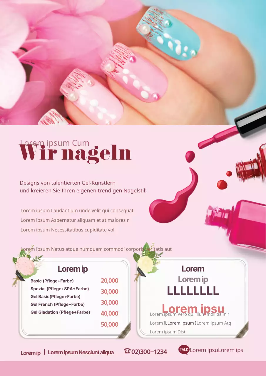 Ein Flugblatt, das für ein farbenfrohes Nagelstudio-Menü in Rosa wirbt.