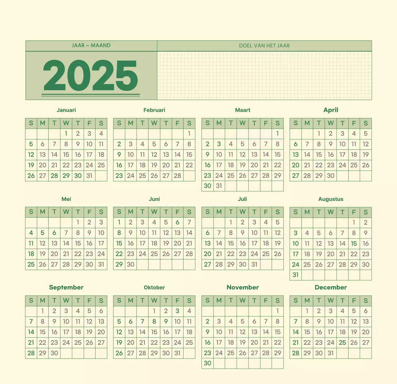 SAT D-day notitieblok concept wandkalender in groen en lichtgeel