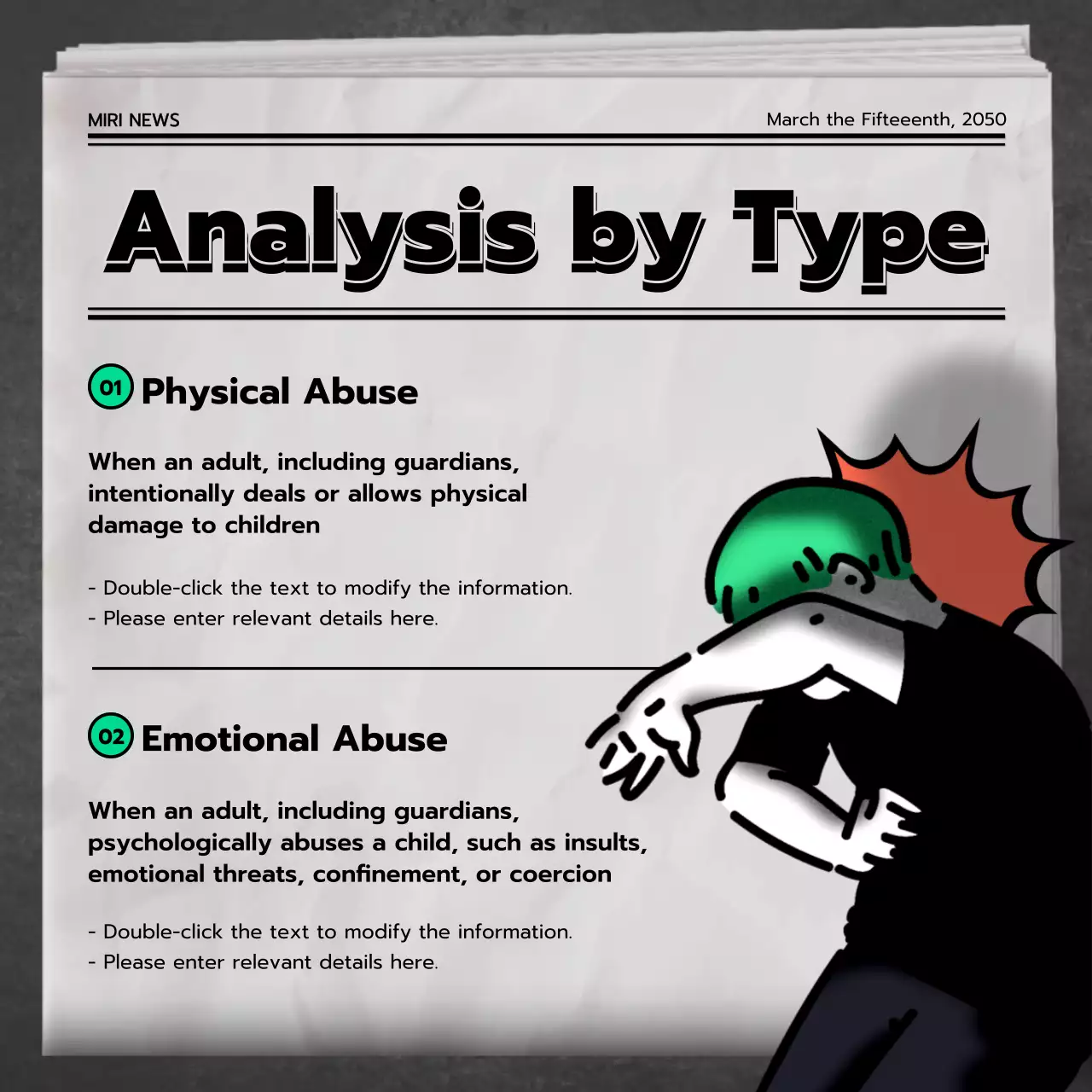 Types of Child Abuse & Prevention in Green Gray Orange Newspaper News Concept