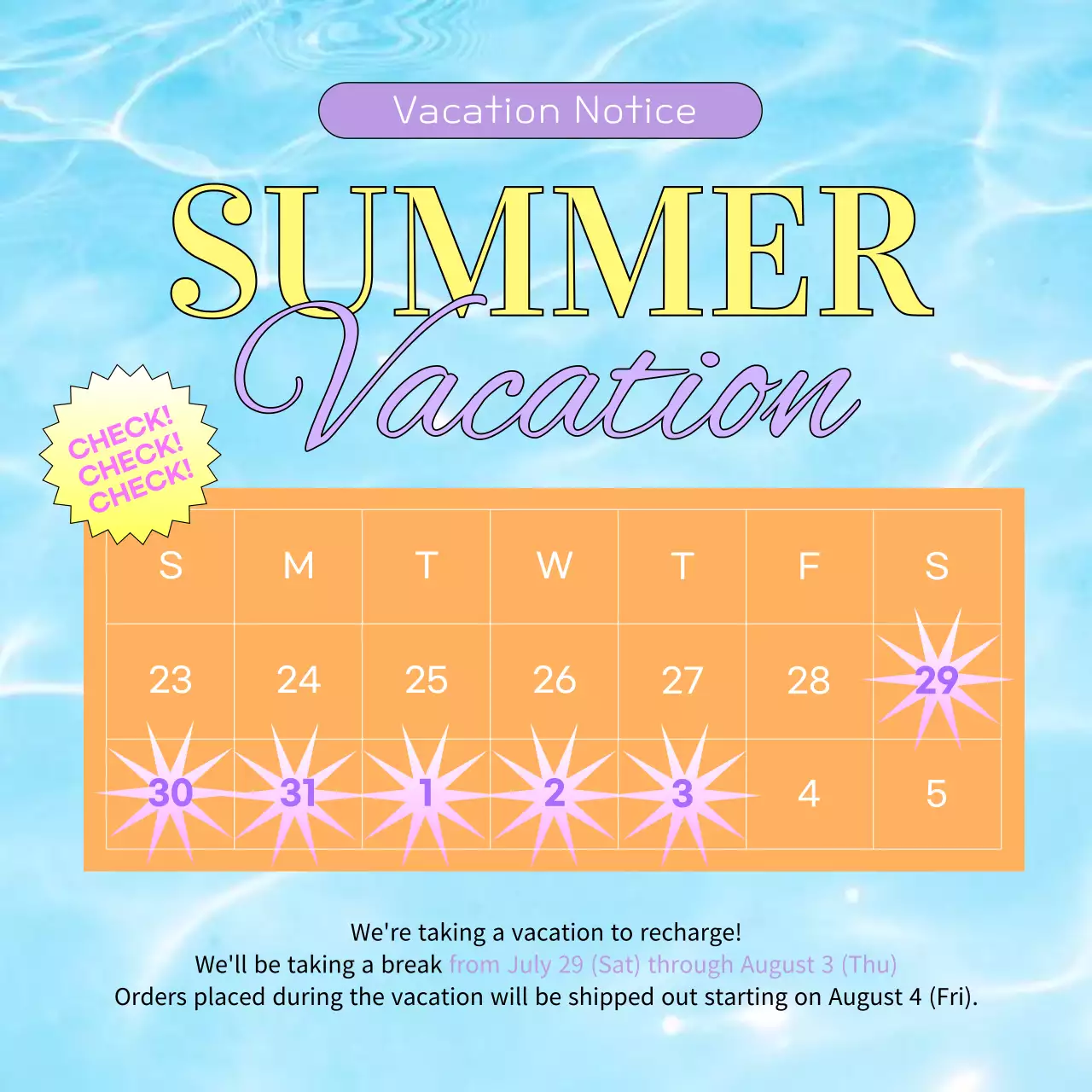 Kitschy calendar announcements in orange and light blue