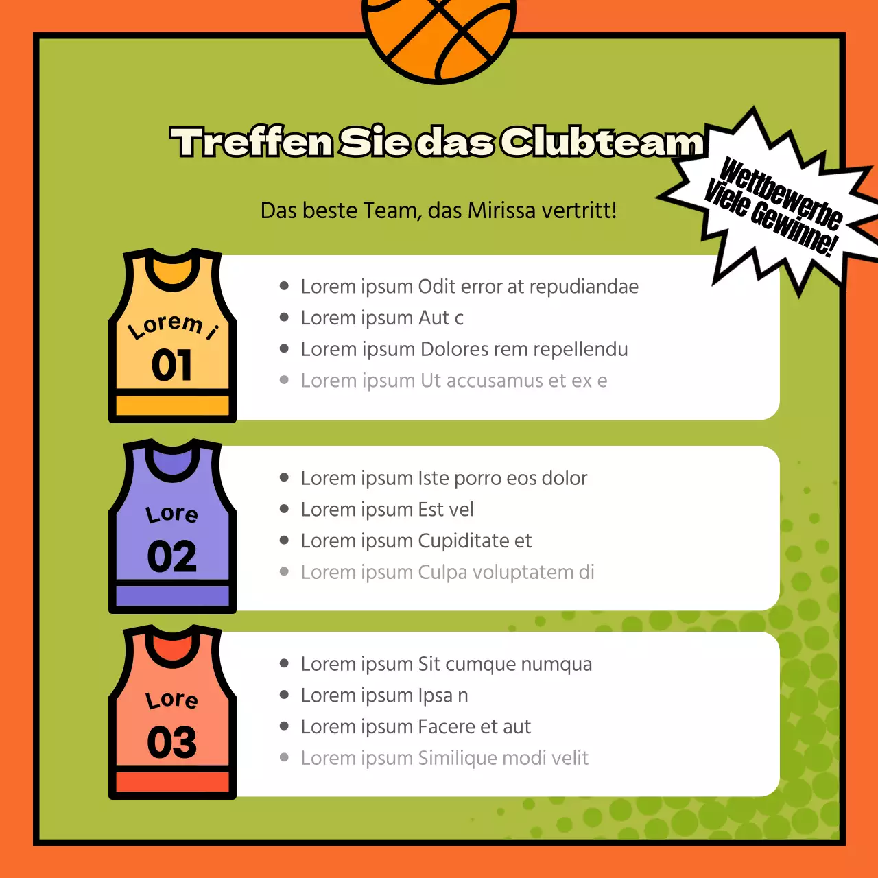 Rekrutierung für einen lustigen, kitschigen, orangefarbenen, cartoonartigen Basketballverein