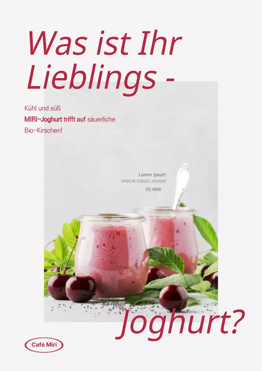 Kirschjoghurt-Webposter mit fetter Schrift und roter Farbe