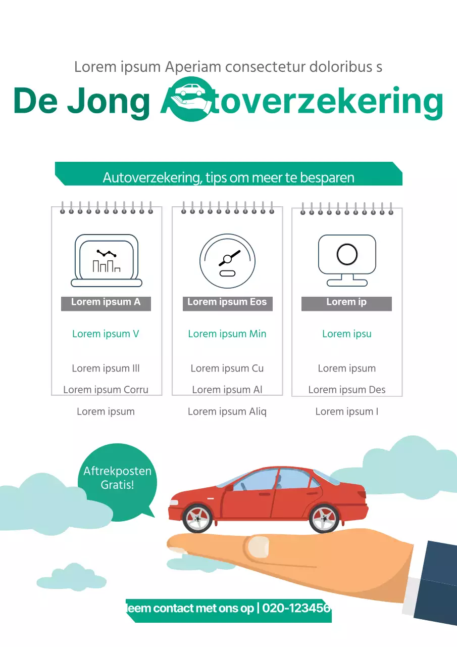 Promoot autoverzekering met een turquoise auto-illustratie