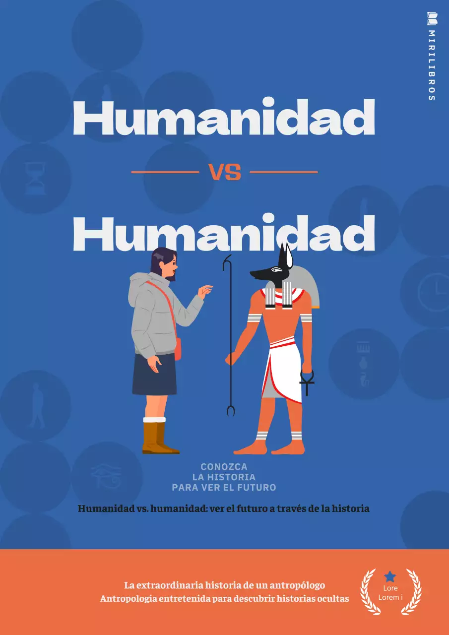 Relatos de antropología e historia con texto limpio en azul y naranja.