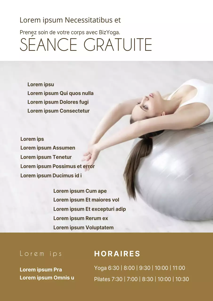 Promouvoir une école de yoga pilates propre avec une photo dorée d'une femme faisant du yoga