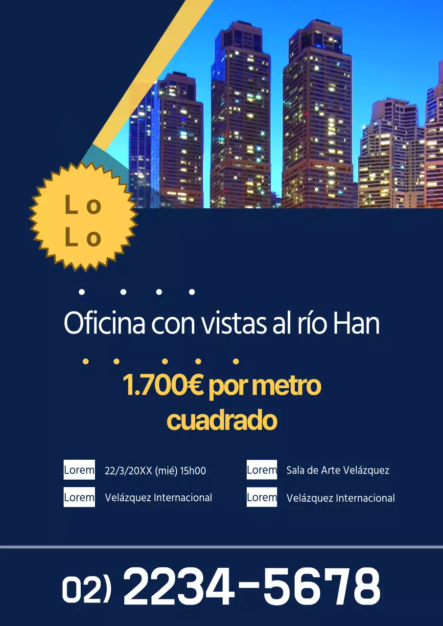 Promover la venta de una mención de vista al río con una foto de vista nocturna en azul.