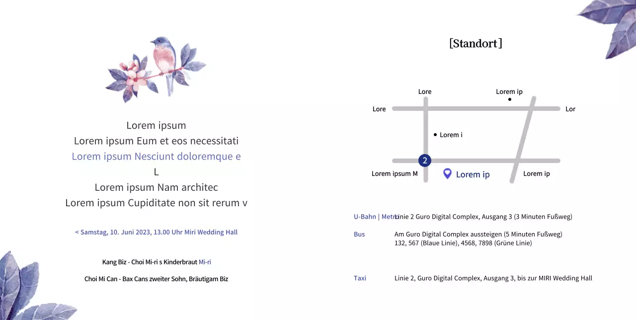 Hochzeitseinladung mit rosafarbenen Liebesblumen und Papageien