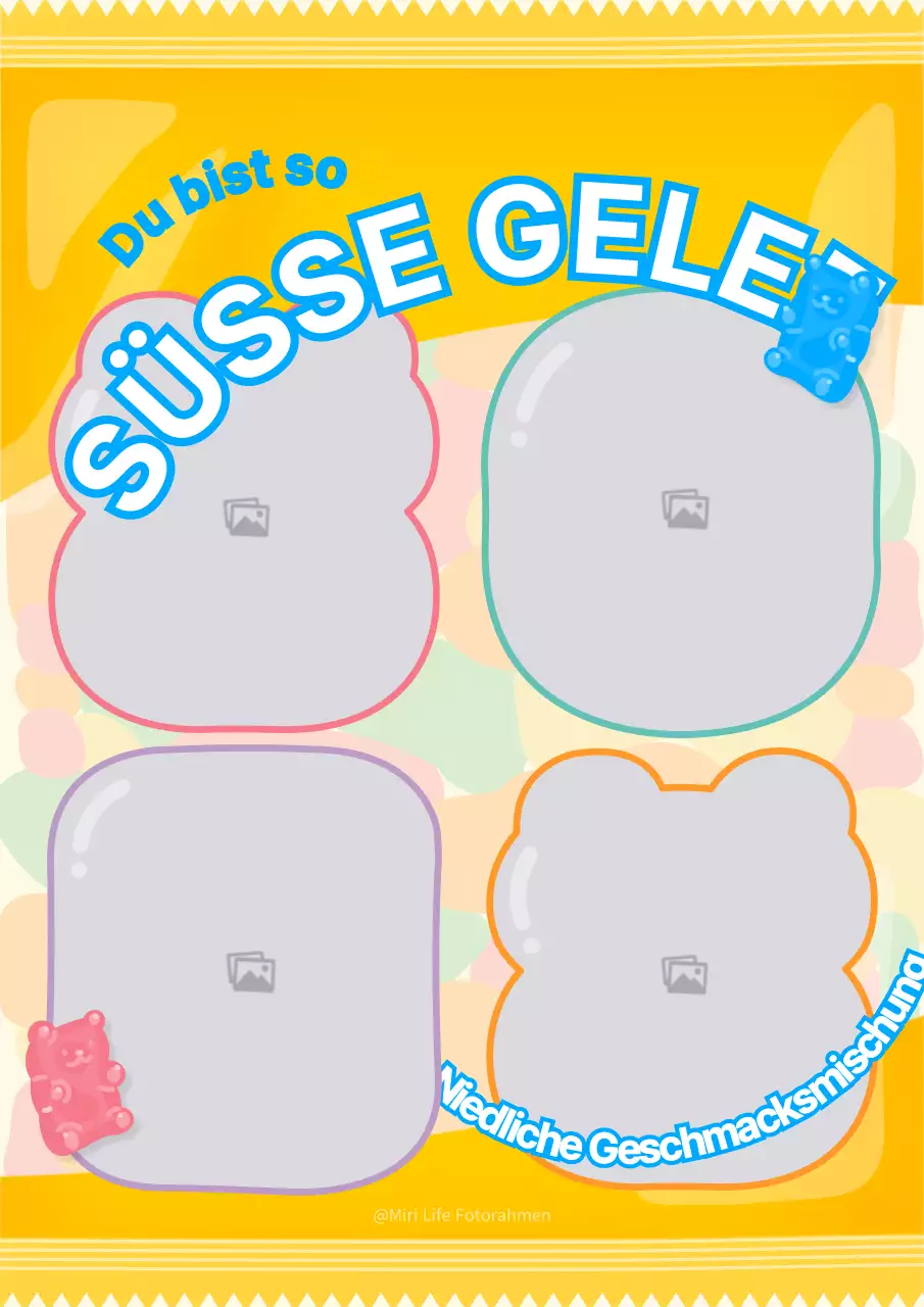 Ein vierfarbiger Fotorahmen mit einem niedlichen Jelly-Packungskonzept in Gelb und Hellblau.