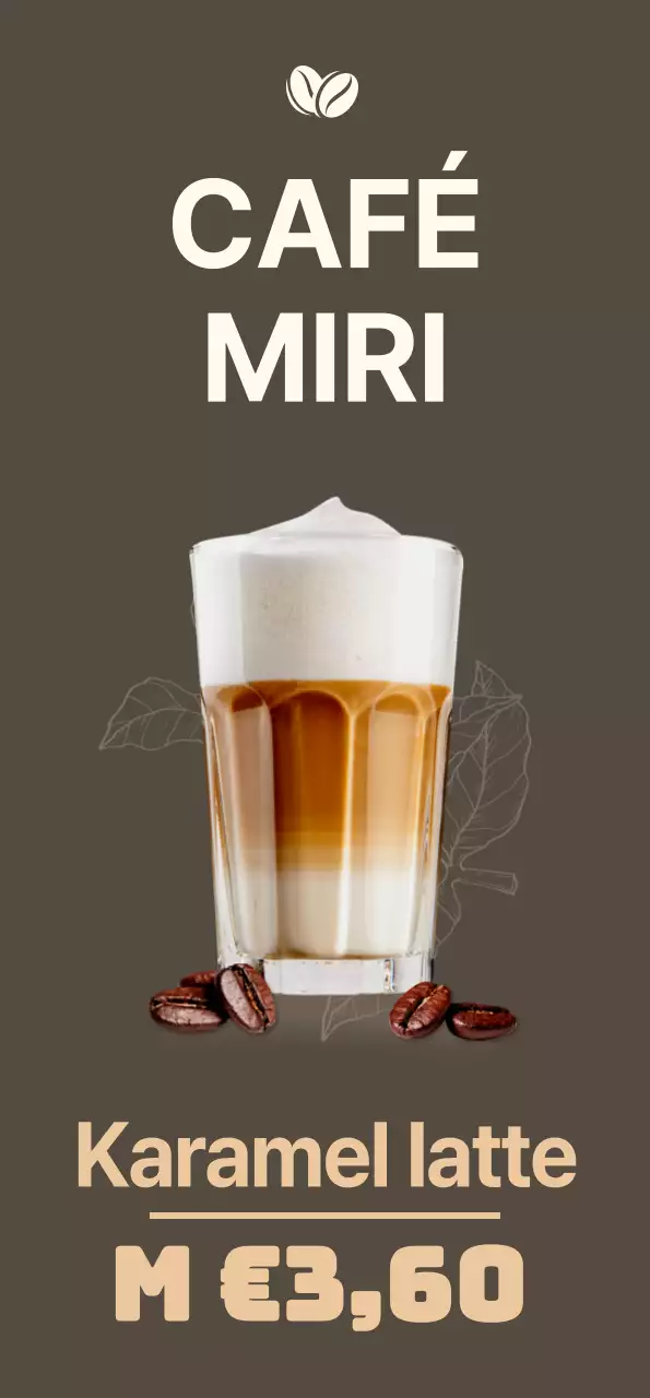 Monotone cafébanner met karamel latte en koud brouwsel in een sfeervol ontwerp op een donkere achtergrond