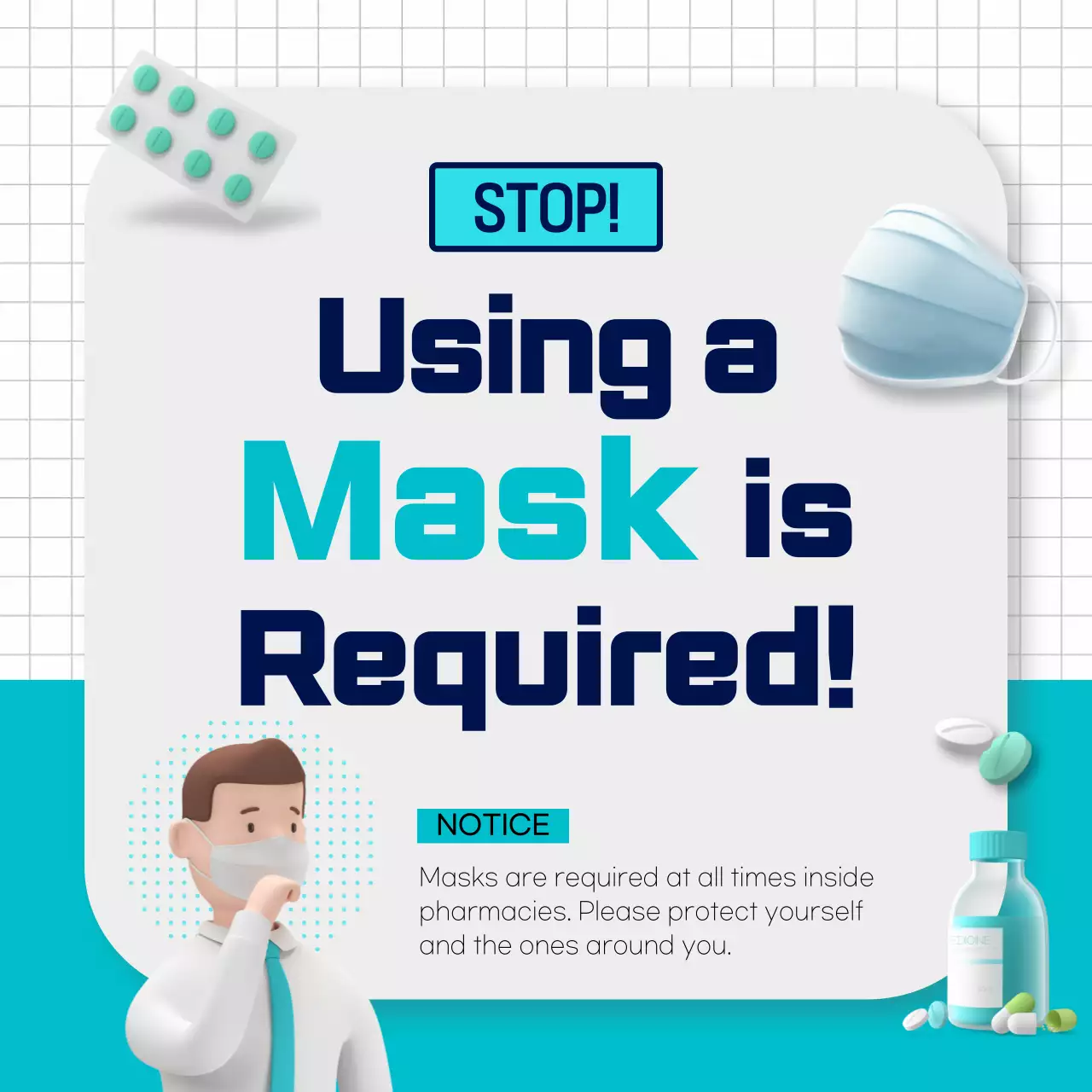 Pharmacy announcement with mint-colored mask-wearing 3D graphic