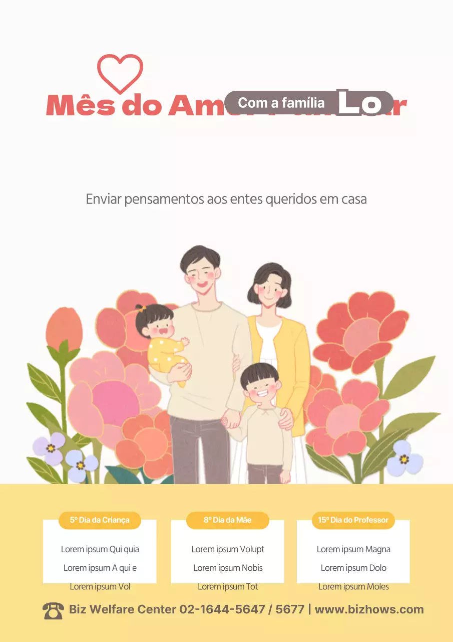 Um adorável guia concetual de maio para o aniversário da família, com flores amarelas e cor-de-rosa e ilustrações de famílias