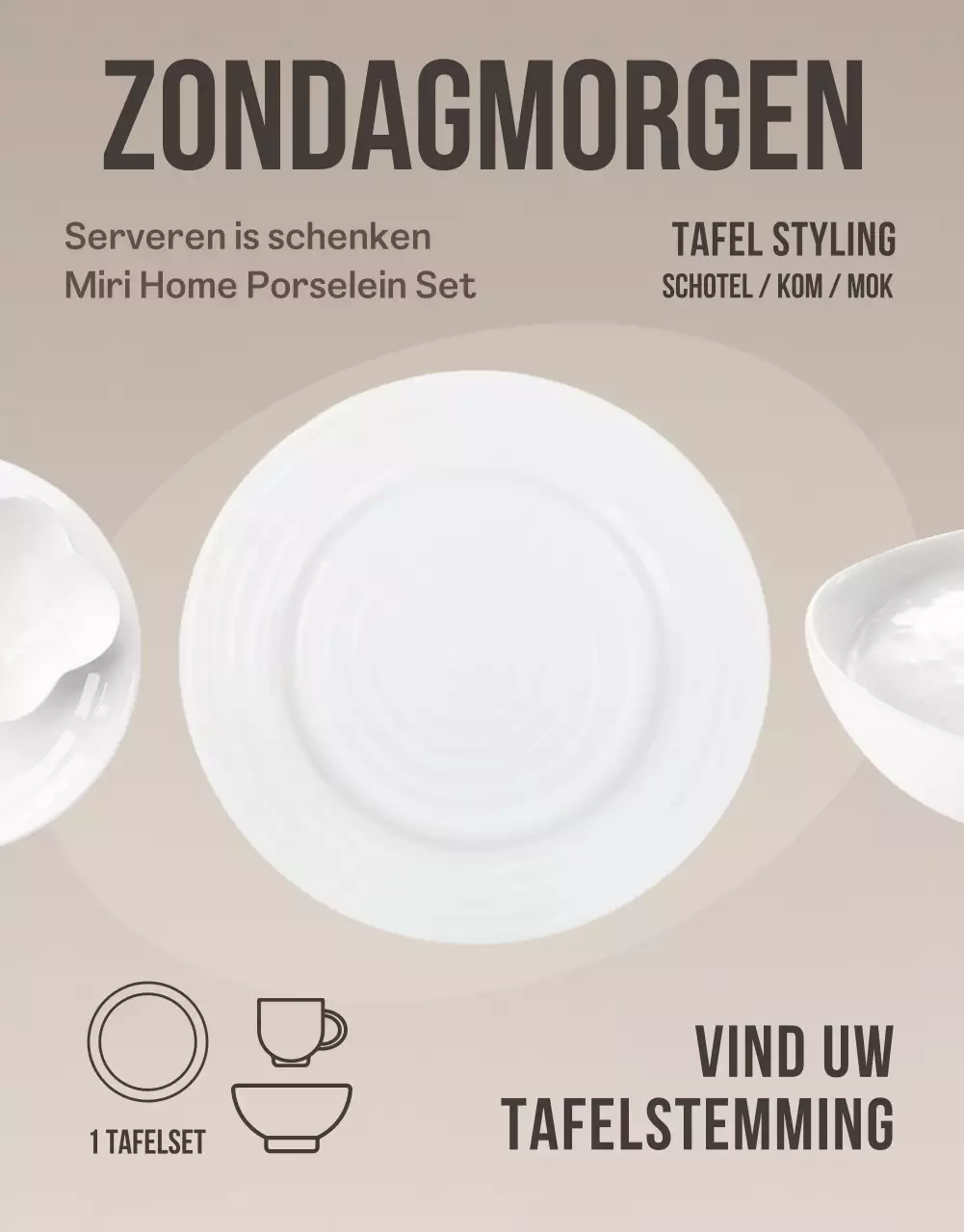 Een eenvoudige porseleinen set in beige en groen