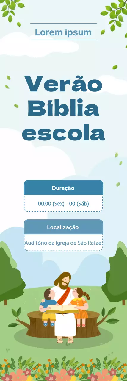 Apresentação de uma escola bíblica de verão da igreja, gira, azul-clara e verde