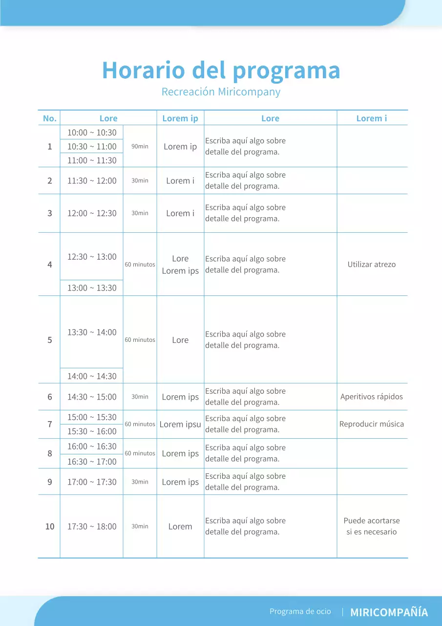 Programa recreativo sencillo con formato de calendario de actos en azul claro