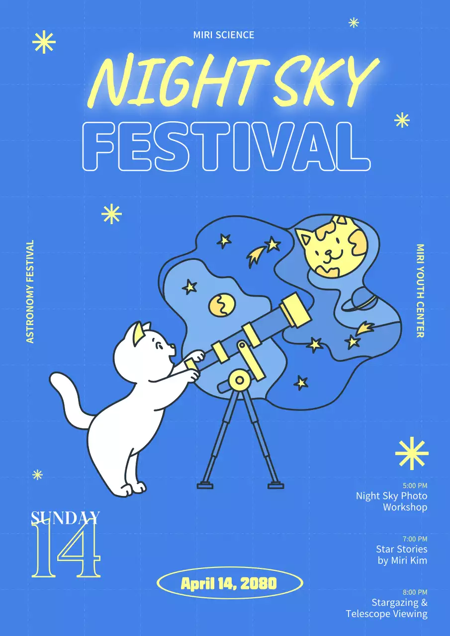 A youth science festival featuring a cute illustration of a cat observing constellations on a blue background.