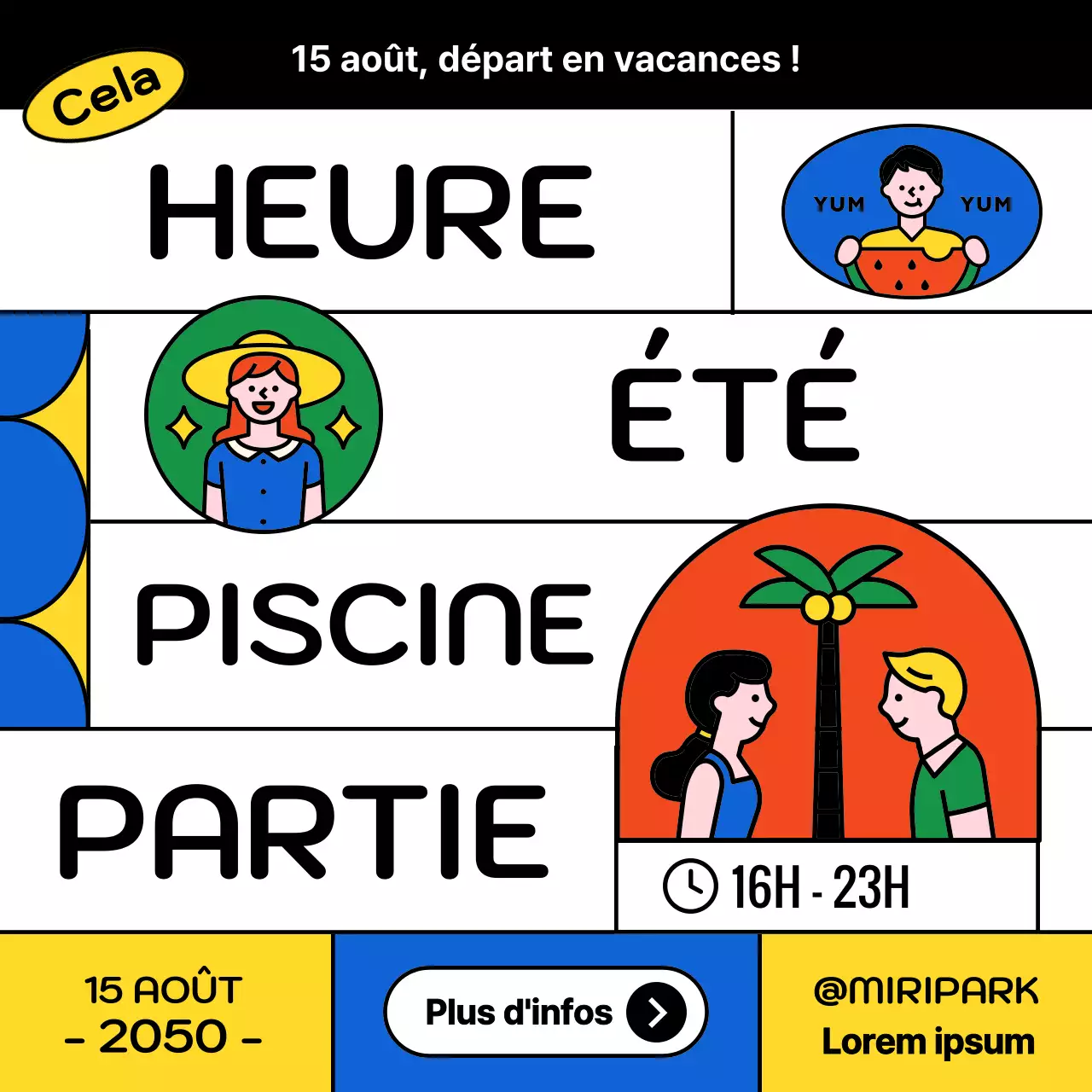 Annonce d'une fête d'été à la piscine avec une touche de noir et de blanc