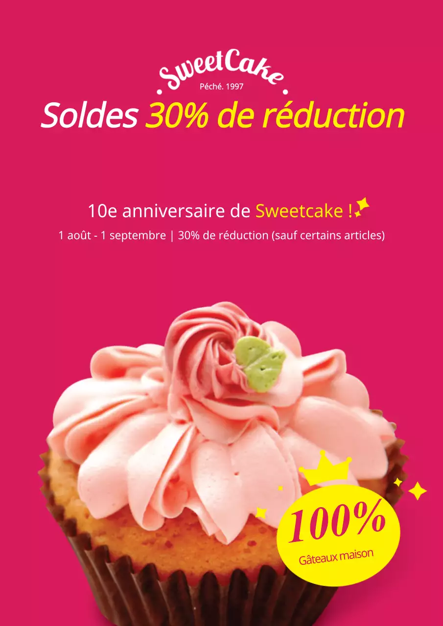 Prospectus simple de vente de boulangerie-café en rose et jaune