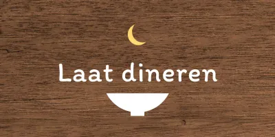 Een eenvoudig bord voor een laat restaurant met witte en gele tekst en een illustratie van een kommaan.