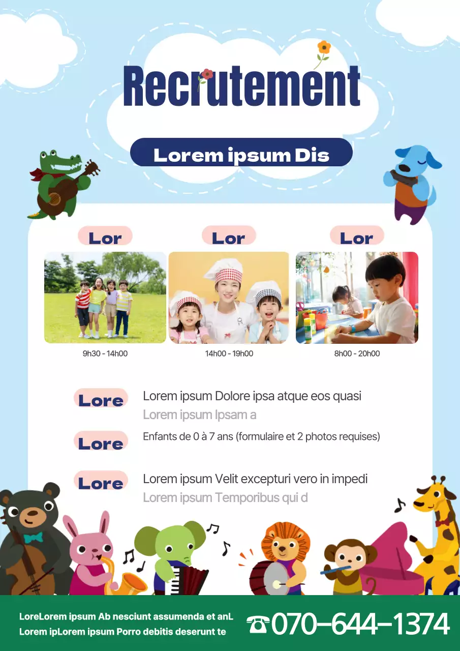 Mignonne promotion de recrutement pour un jardin d'enfants avec des illustrations d'animaux jouant d'instruments de musique en bleu.