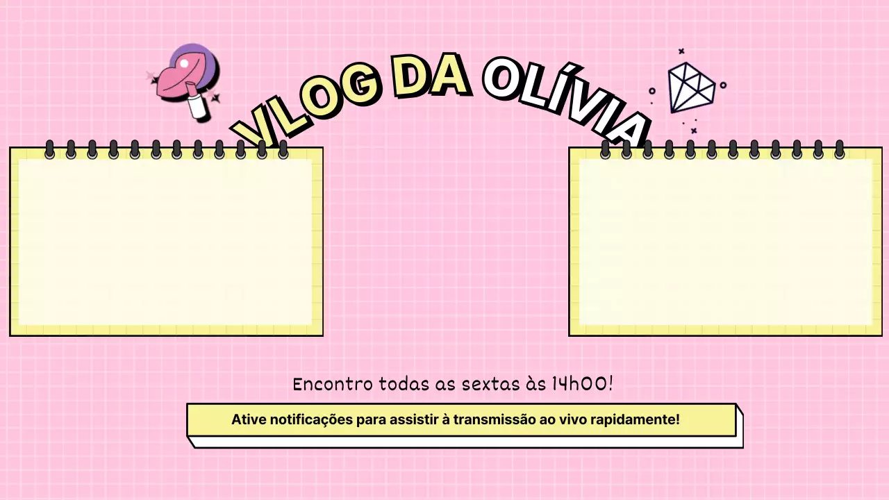 Última página de subscrição do YouTube numa moldura de diário com um fundo cor-de-rosa