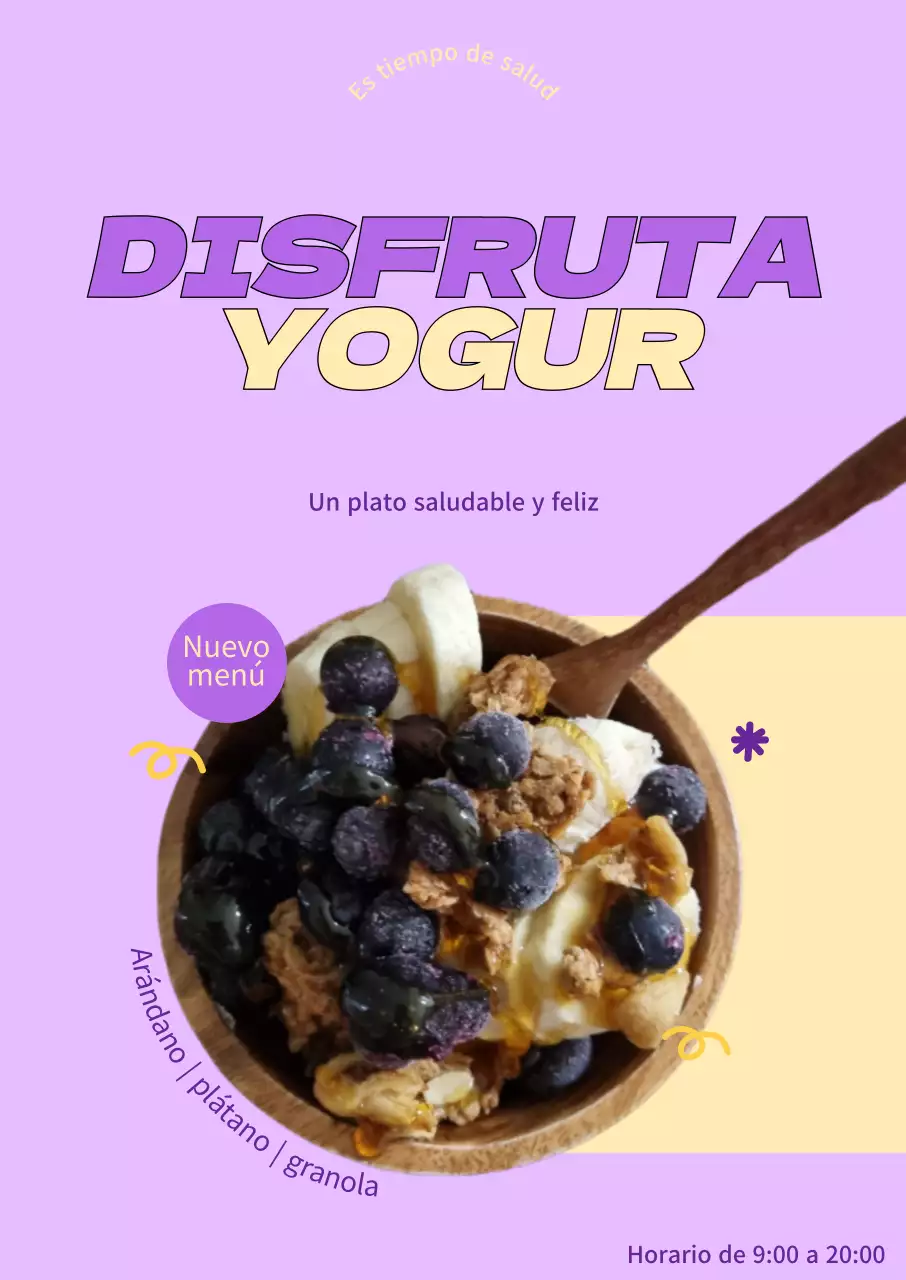 Cartel con un título dinámico en una combinación de colores morado y amarillo