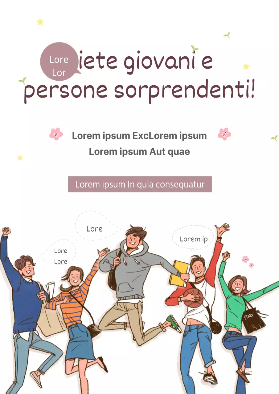 Allegria per l'iscrizione al college da parte di un insegnante con fiori rosa e illustrazioni di studenti