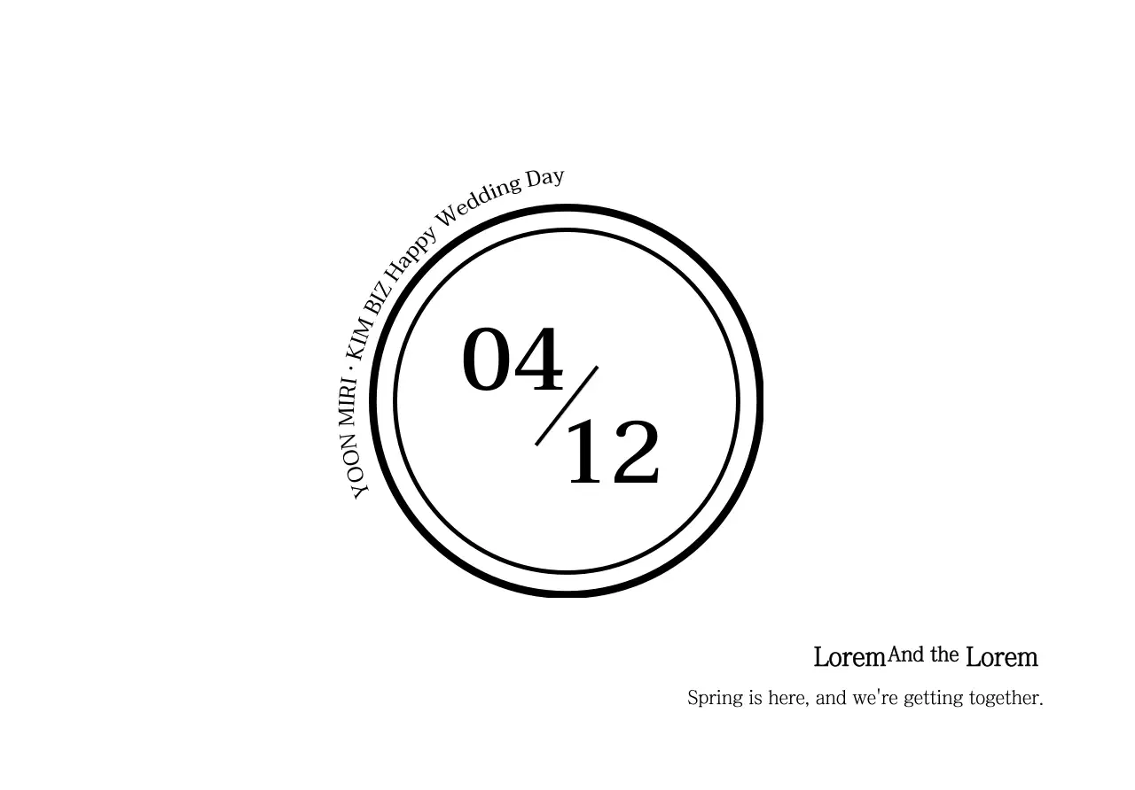 Warm spring wedding invitation postcard envelope with black text and circular illustration