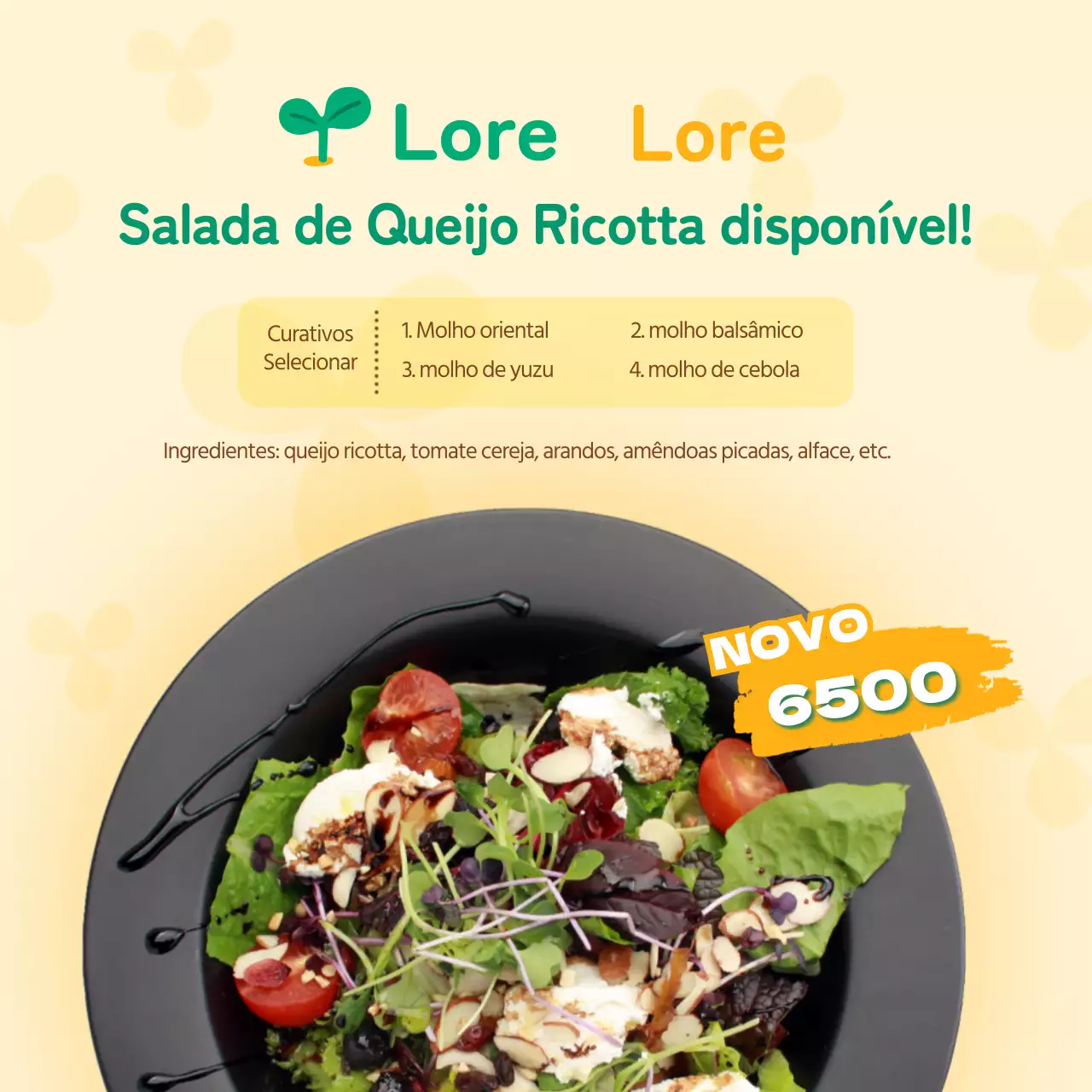Nova salada de ricota primaveril de cor amarelo-esverdeada pálida