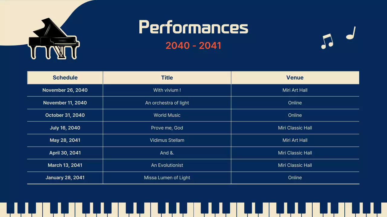 Piano-themed composer portfolio in navy