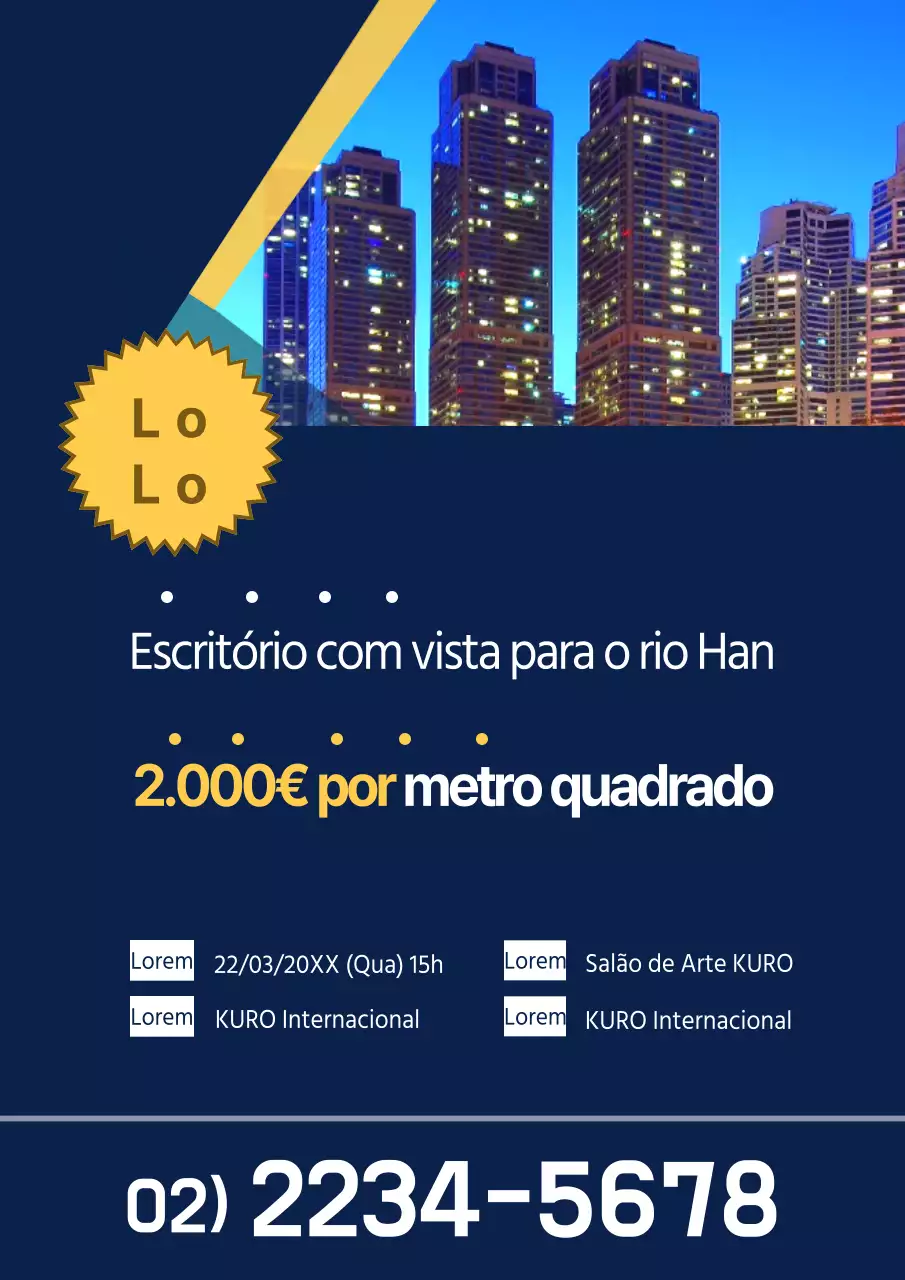 Promover a venda de uma menção de vista para o rio com uma fotografia de vista nocturna a azul.