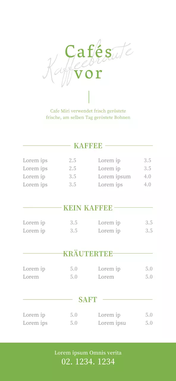 Einfache, saubere Café-Menüpreise in Chartreuse und Weiß