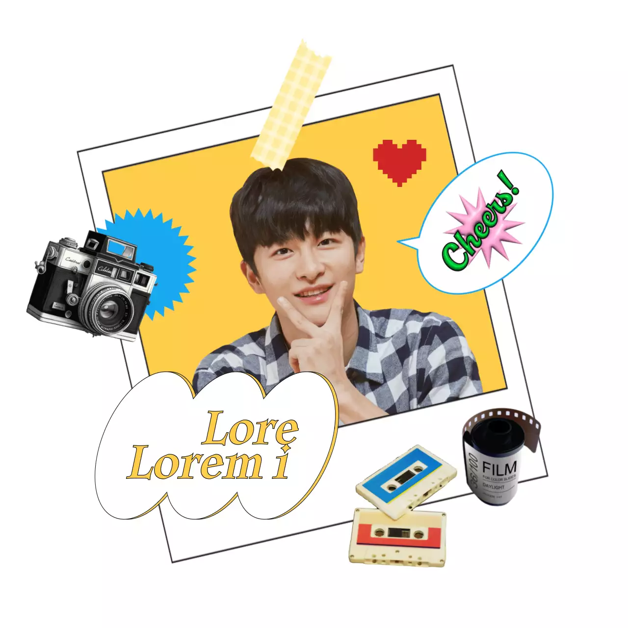 Fotodruckkonzept mit niedlichen Botschaften in Gelb und Blau