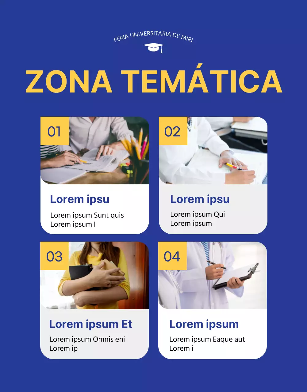 Ilustración azul y amarilla de una feria de admisión universitaria