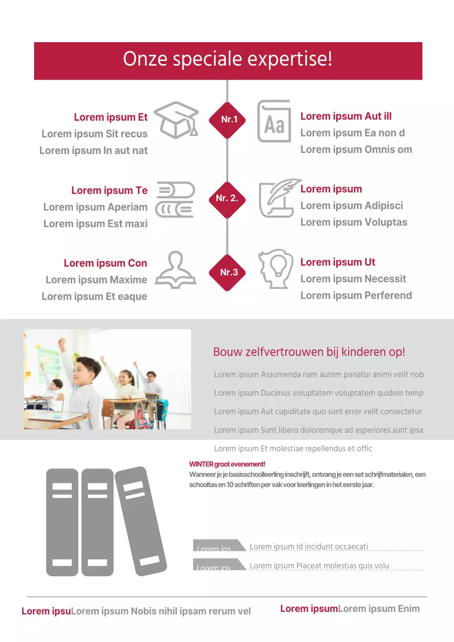 Promoot je Engelse taalschool met rode en grijze pictogrammen en foto's