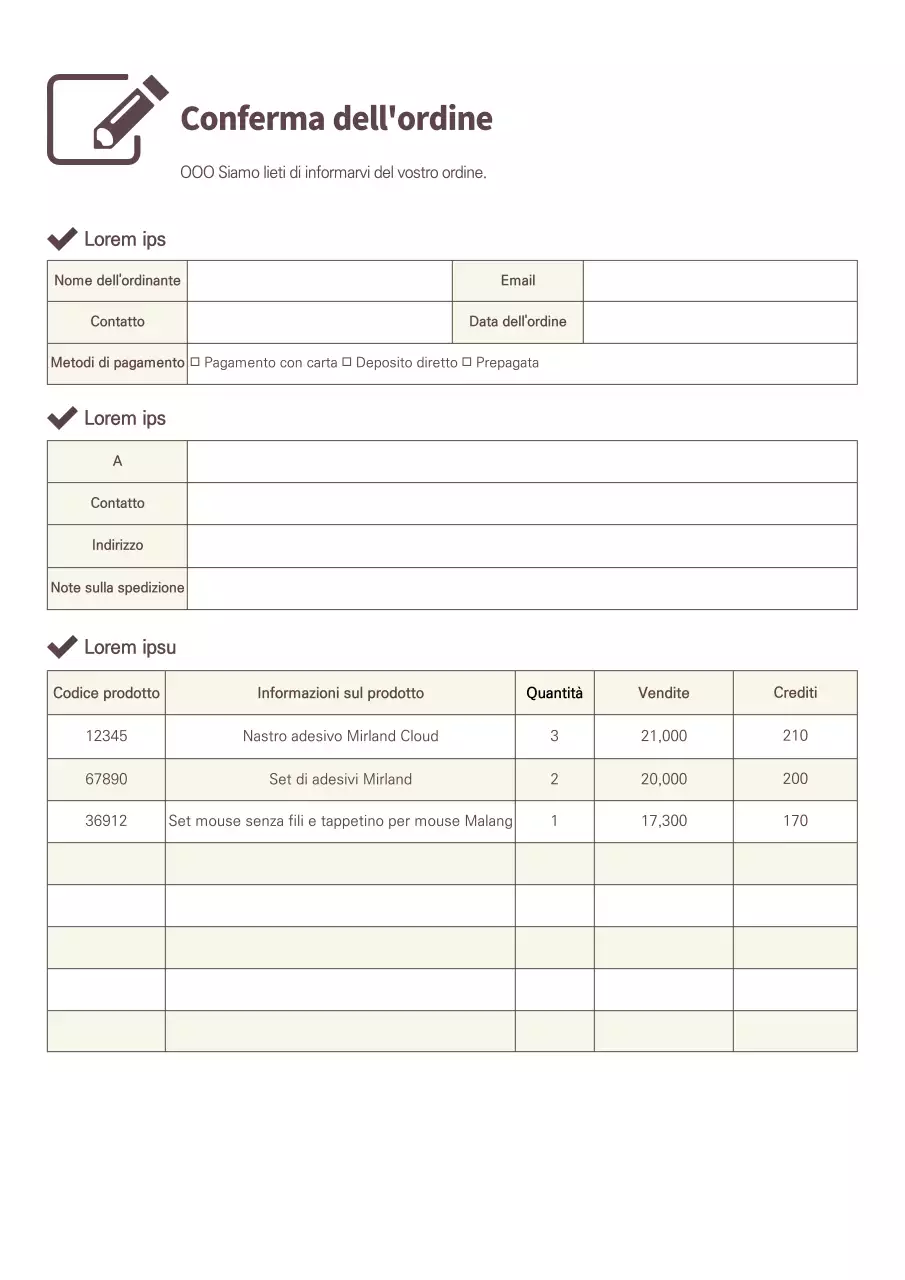Documentazione di conferma d'ordine pulita di colore marrone e giallo