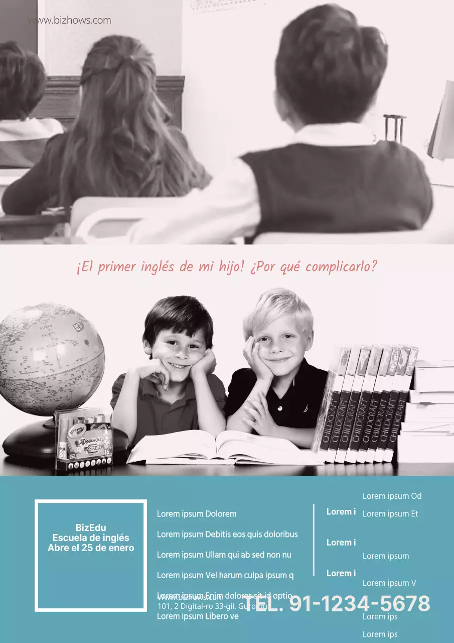 Material promocional de una escuela de inglés con una foto en blanco y negro de un niño vestido de turquesa.